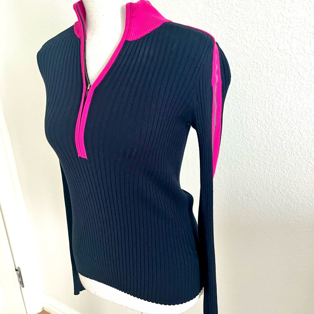 Women's Navy and Pink Striped Ribbed Sweater